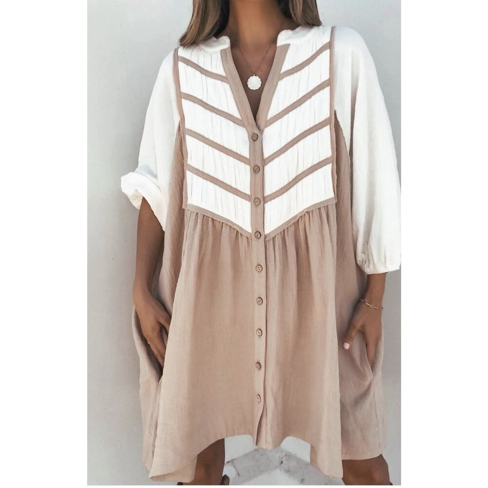 Magnolia Boutique Chic Babydoll Cream Color Block Tunic Dress Size Medium - Picture 4 of 16